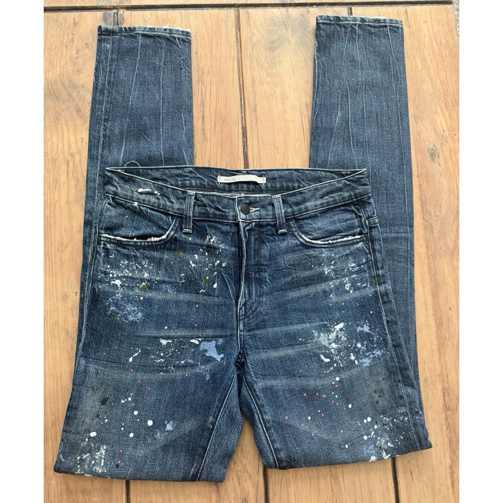 Vince Paint Splatter Skinny Jeans Size 26 Dark Wash Distressed Designer Denim
